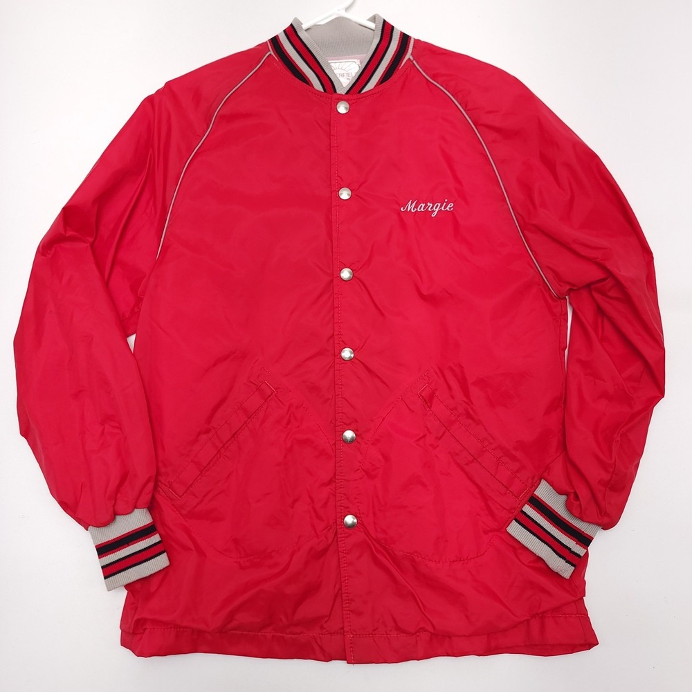 Vintage Satin Bomber Jacket Men's Small Red Sommerfield USA Snap Front Margie‎